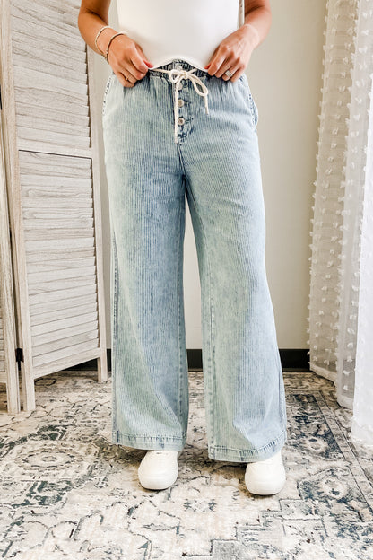 Women's drawstring waist denim pants blue stripe