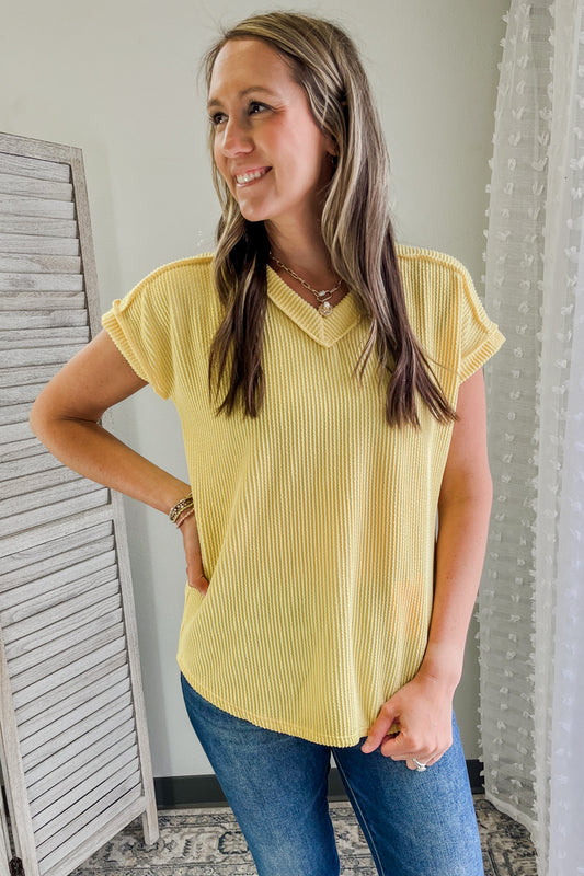 Women's ribbed V-neck short sleeve tee yellow