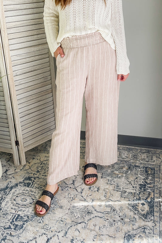 Women's gauze pants with smocked waist brown white