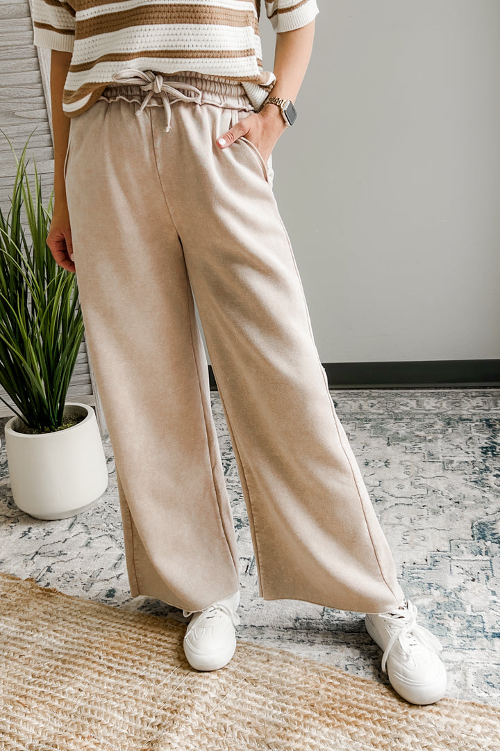Women's wide leg, mineral washed sweatpants beige