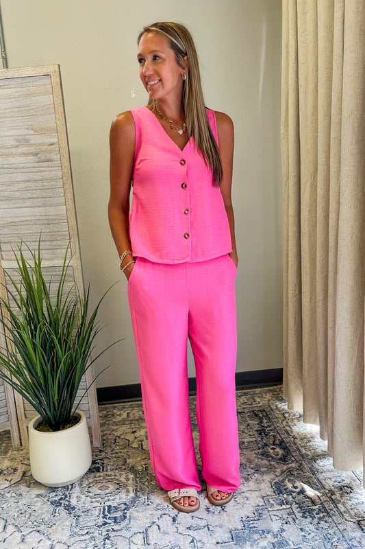 Women's wide leg pants and button down tank vest pink
