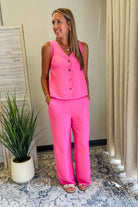 Women's wide leg pants and button down tank vest pink