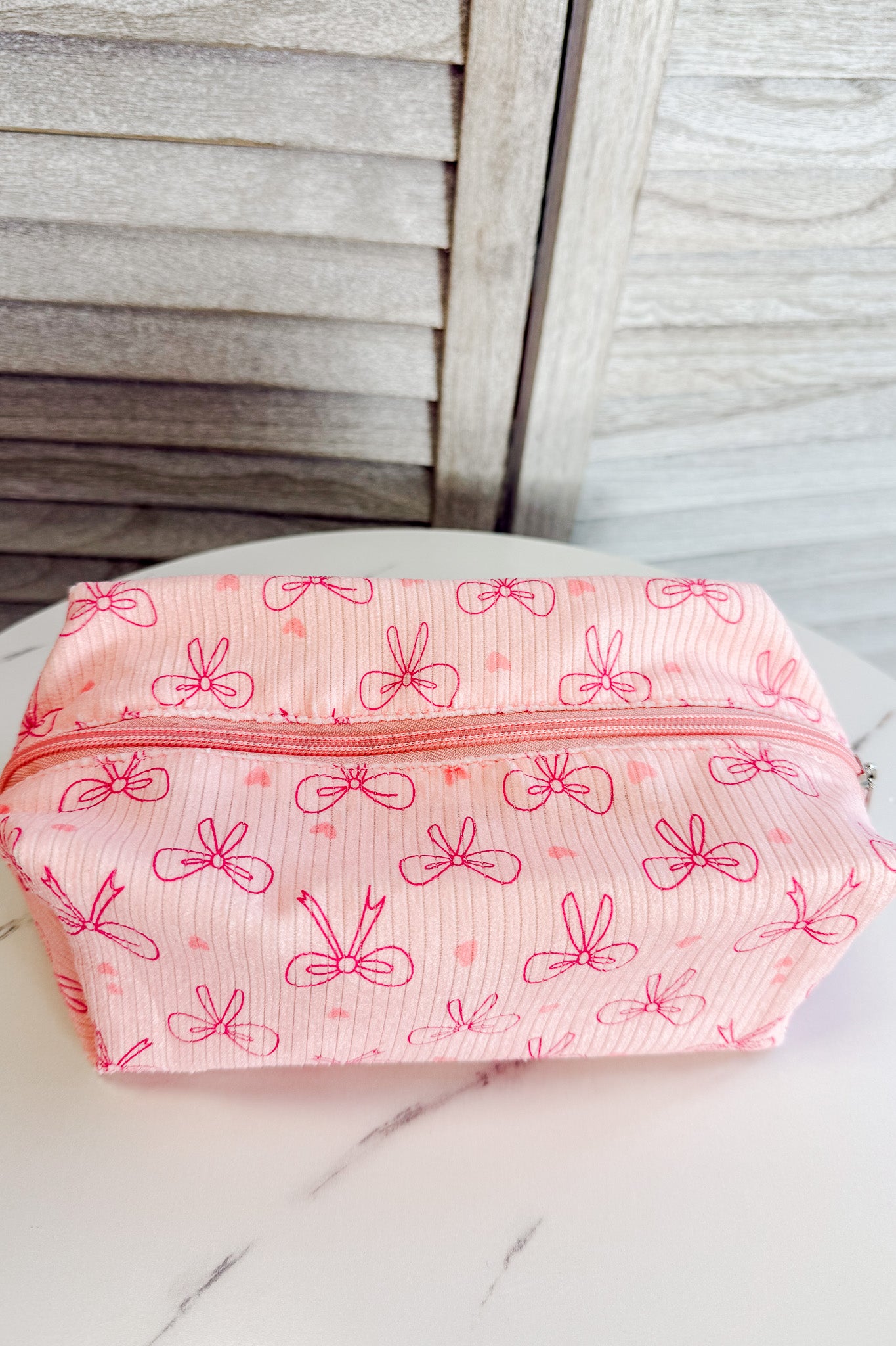 pink bow print zip pouch cosmetic pencil bag