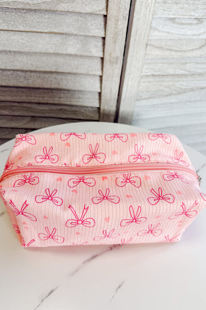 pink bow print zip pouch cosmetic pencil bag