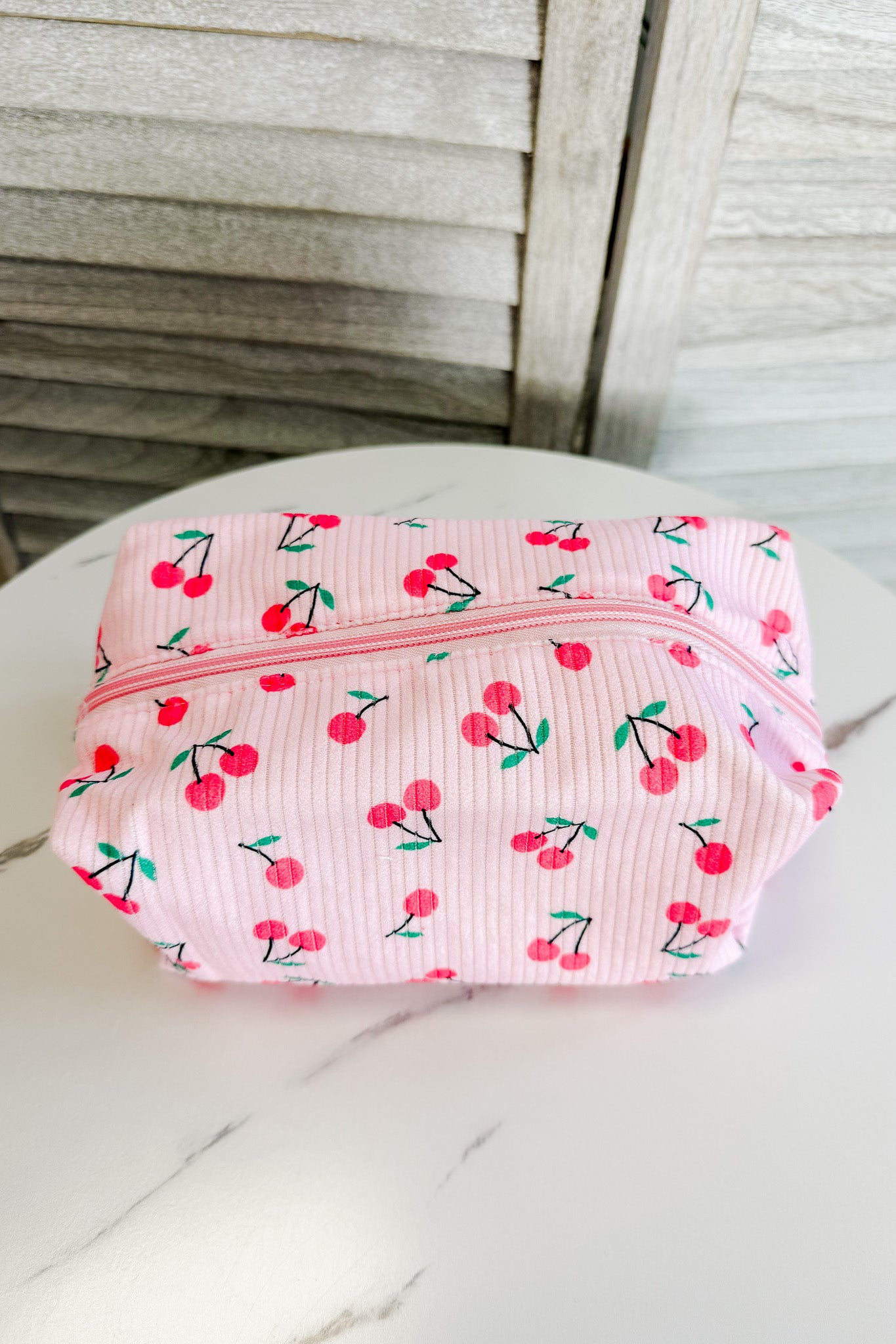 pink cherry print zip pouch cosmetic pencil bag