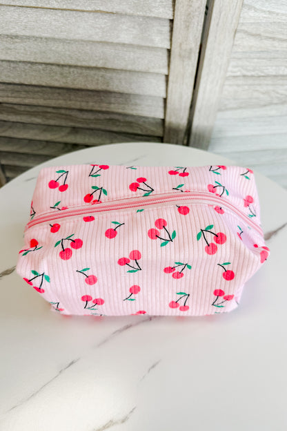 pink cherry print zip pouch cosmetic pencil bag