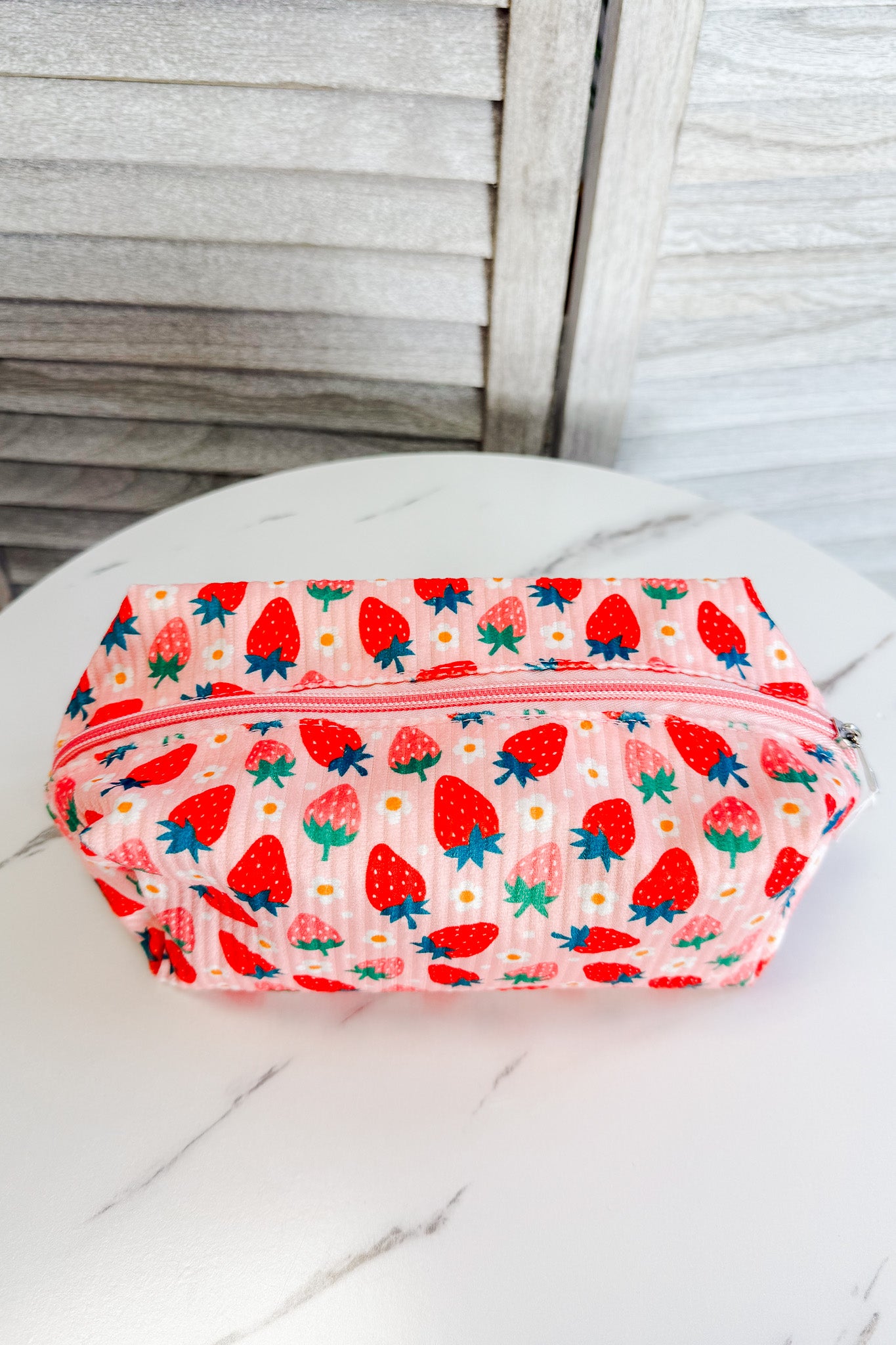 pink strawberry print zip pouch cosmetic pencil bag