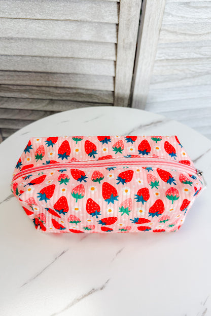 pink strawberry print zip pouch cosmetic pencil bag