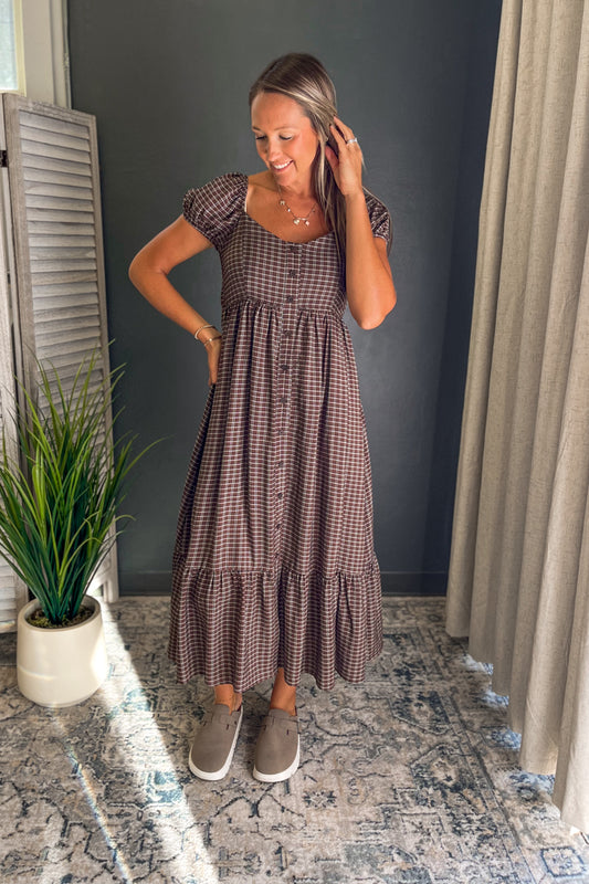 plaid button front midi dress brown fall puff short sleeve
