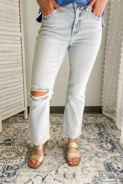 High Rise Distressed Ankle Flare