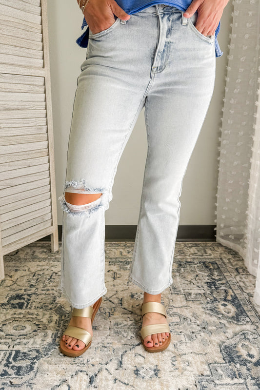 High Rise Distressed Ankle Flare