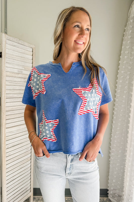 Women's mineral washed star patch top blue red white america