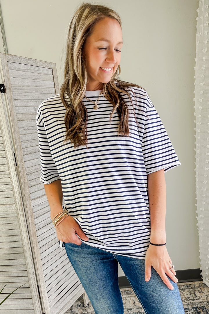 Women's oversized striped tee navy white summer 