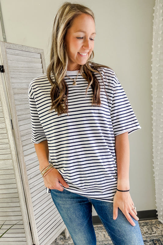 Women's oversized striped tee navy white summer 