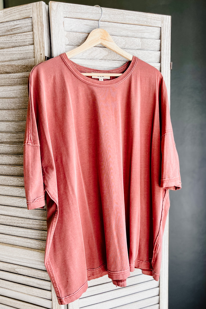 Mineral washed rust oversized tee for plus sized women.