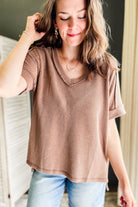 Women's flowy ribbed V-neck top with high-low hemline brown