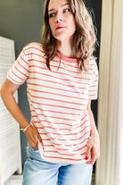 Boxy striped tee with crew neckline coral pink