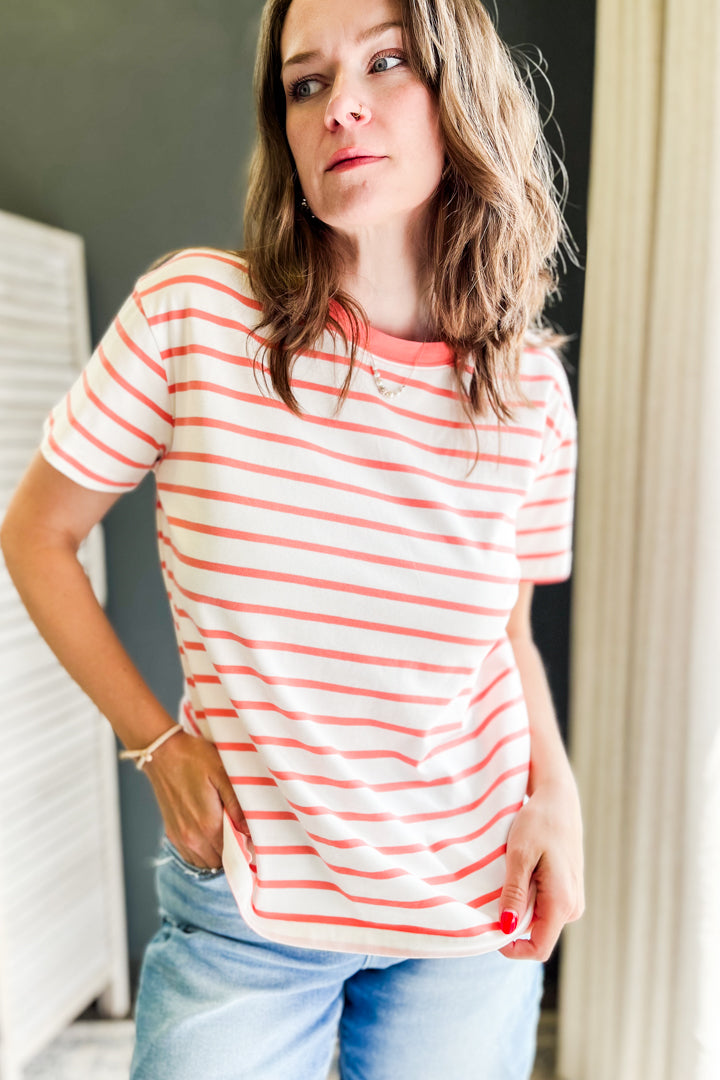 Boxy striped tee with crew neckline coral pink