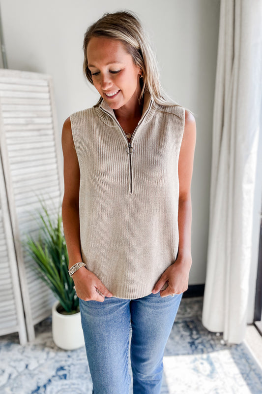 Women's knit quarter zip beige vest