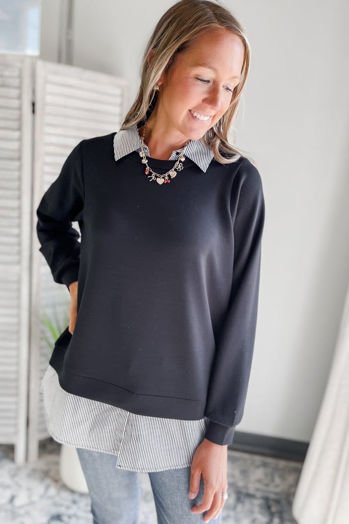 Women's layered stripe shirt and knitted long sleeve