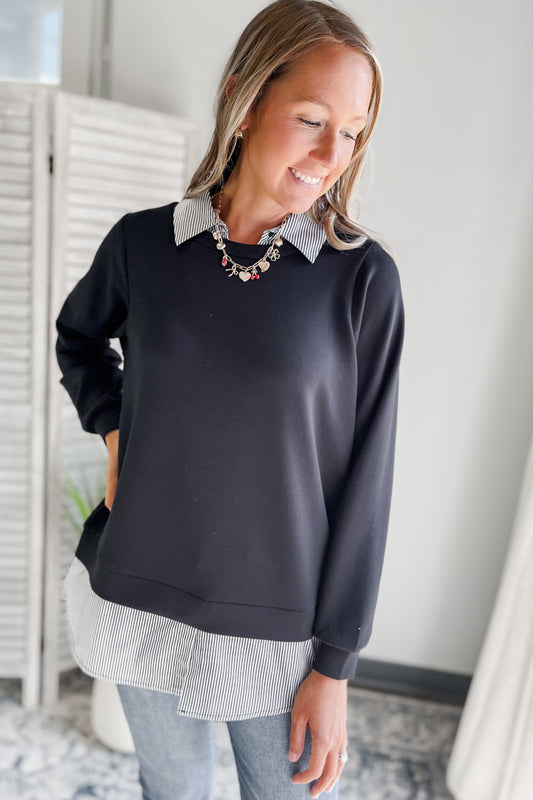 Women's layered stripe shirt and knitted long sleeve