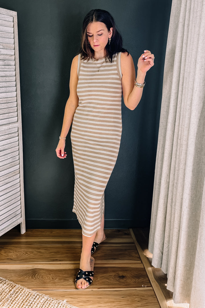 Striped midi dress with back button detail