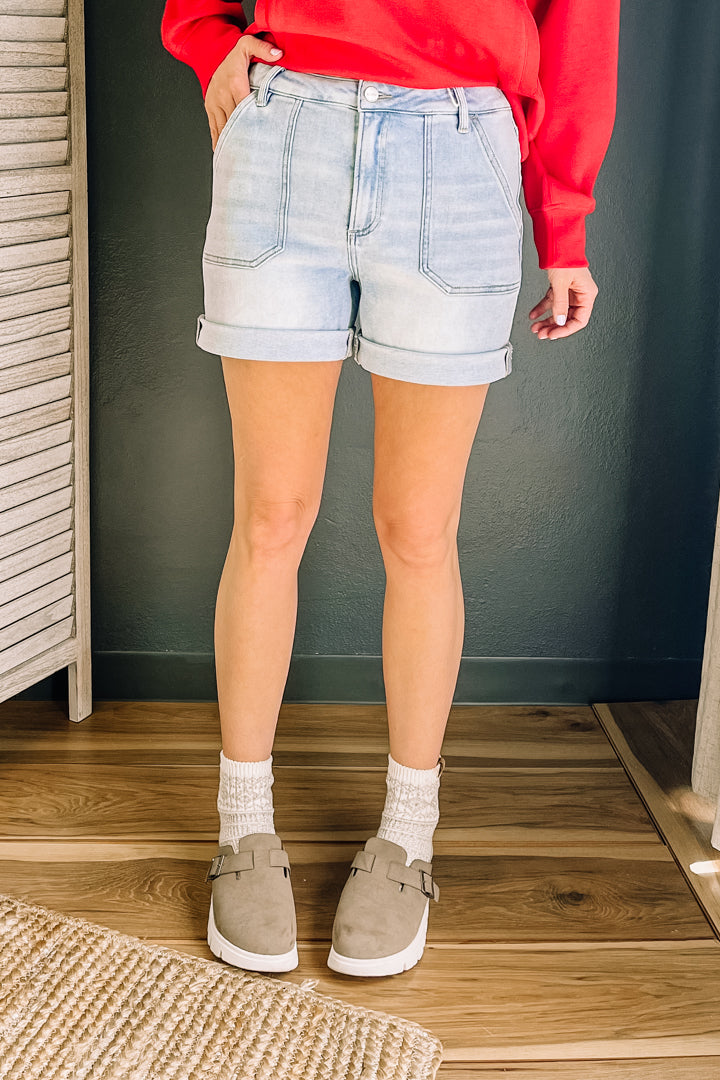 Relaxed-fitting, high rise denim shorts with patch pockets and cuffed hem
