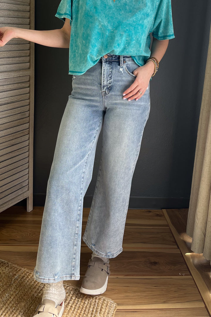 High rise cropped wide leg denim with tummy control