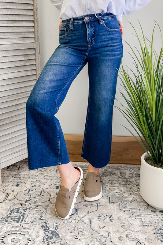 Women's high waist wide leg cropped jeans with tummy control elastic band