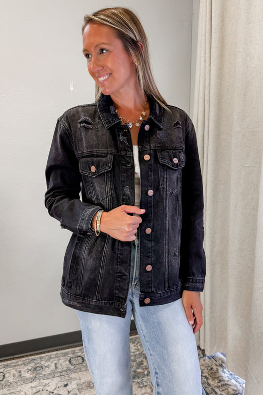 Women's distressed black denim jean jacket