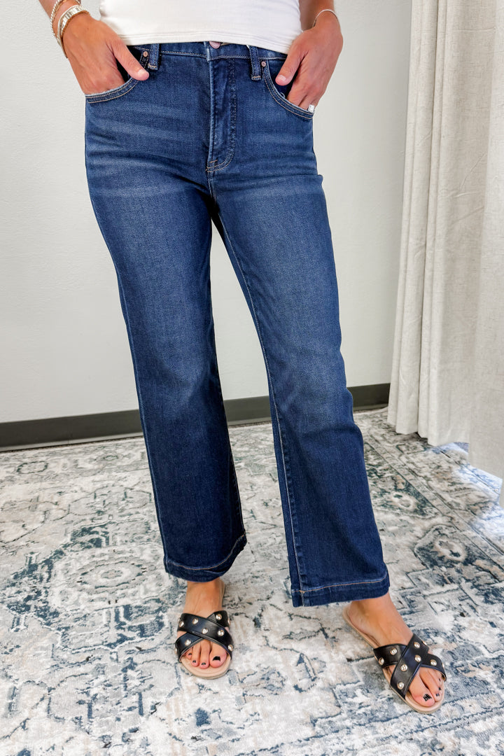 A dressy dark wash denim jean for women