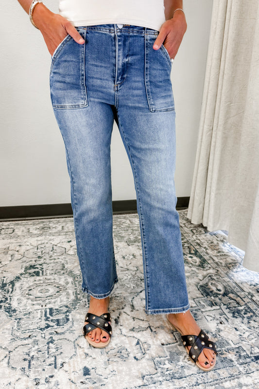 Women's patch pocket high rise straight leg jeans