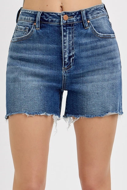 risen medium wash hifh rise cutoff shorts for plus women