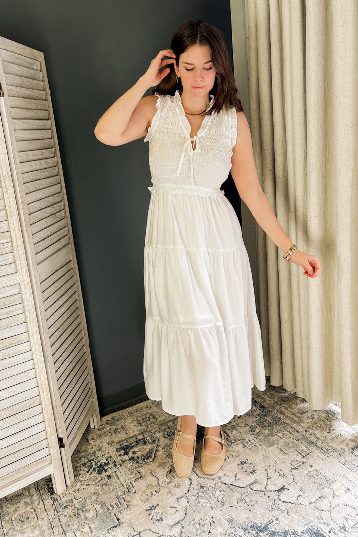 Tiered midi dress with smocked front detail white