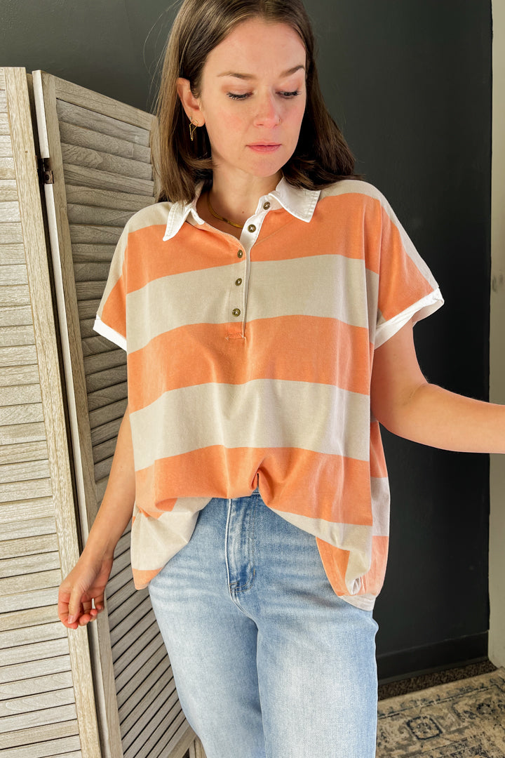 A bold stripe two color short sleeve collared top for women orange