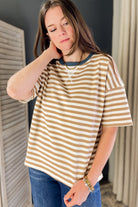 Oversized striped tee with color blocked detail beige blue white