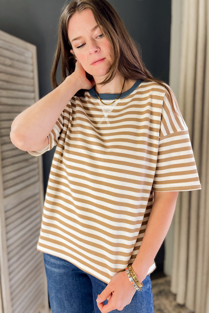 Oversized striped tee with color blocked detail beige blue white