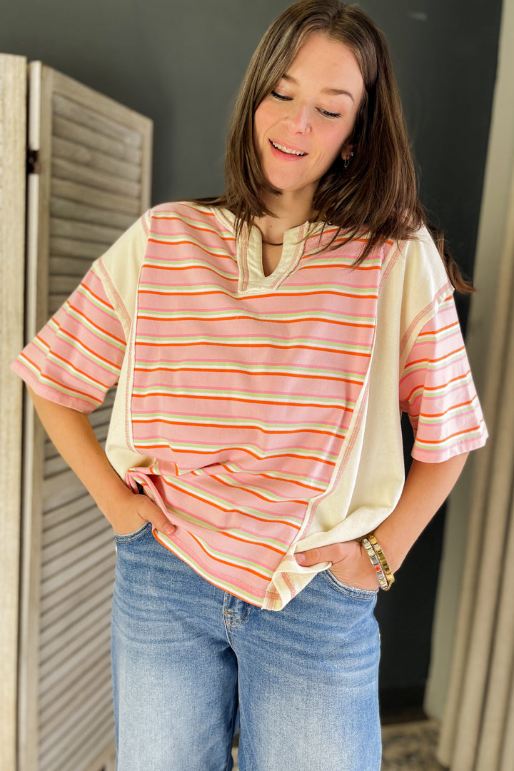 Mixed stripe short sleeve top pink