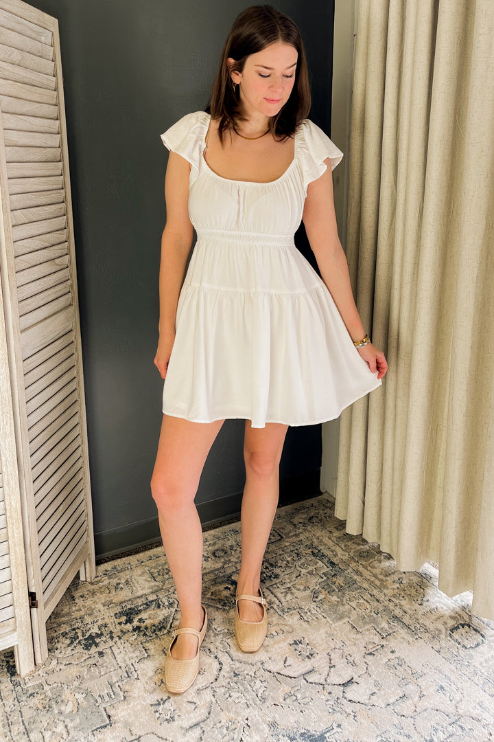 Flouncy mini dress with shirred waist detail white
