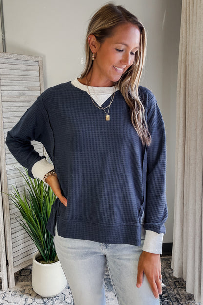 Women's thermal knit crew neck pullover sweatshirt navy