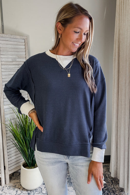Women's thermal knit crew neck pullover sweatshirt navy