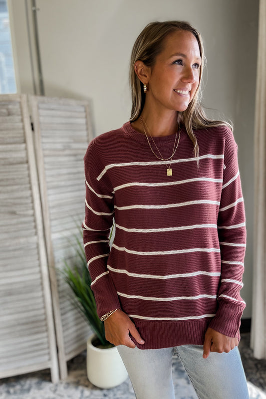 Women's tunic style stripe sweater in wine red