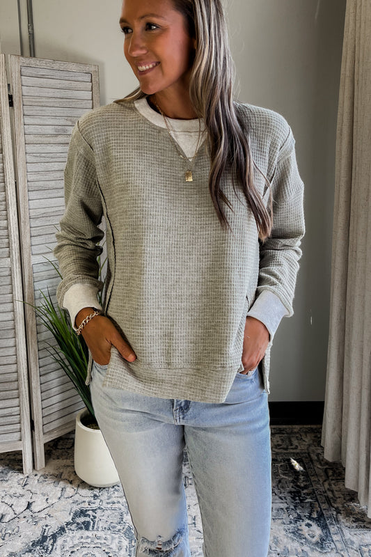 Women's thermal knit crew neck pullover sweatshirt sage green