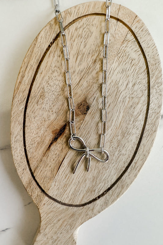 silver paperclip chain bow charm necklace