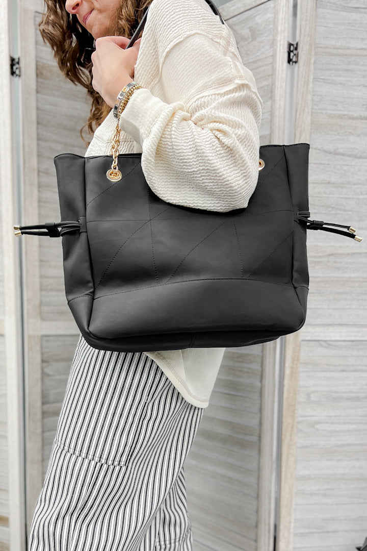 quilted tote with gold chain strap in black