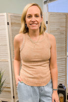 Mineral washed knit tank top with raw edge hem tan