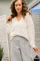 Ribbed long sleeve top with split neck detail ivory