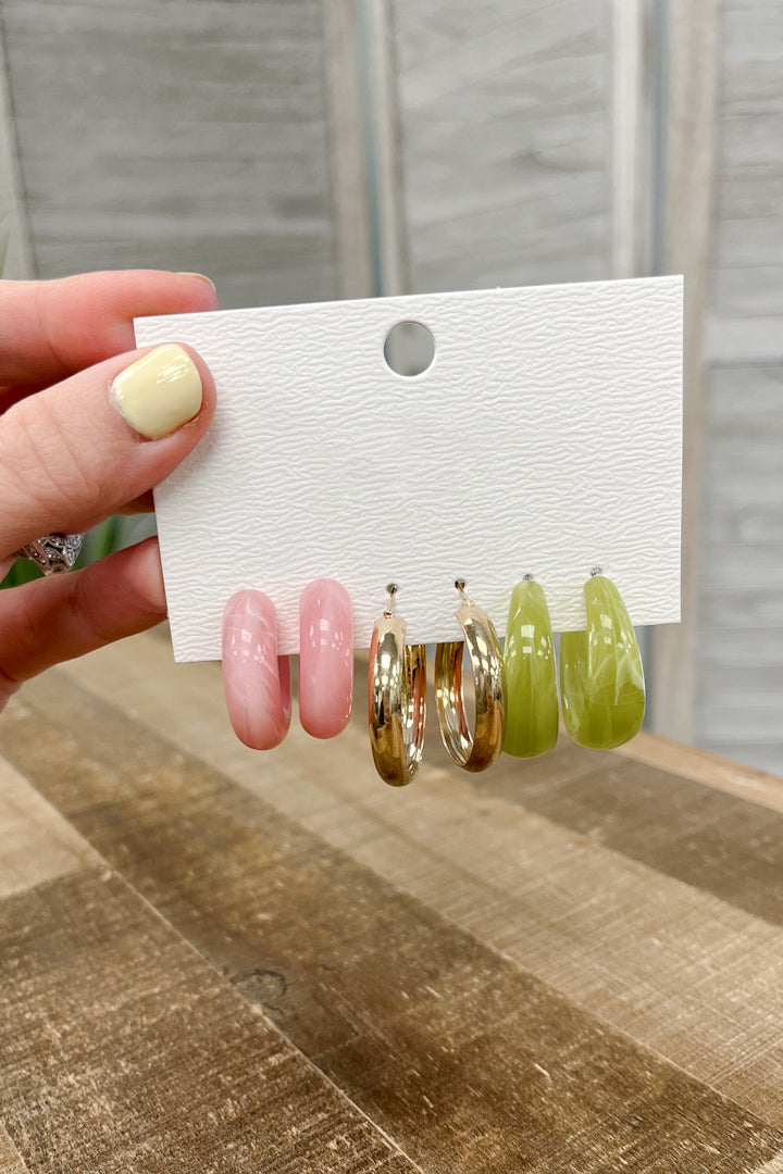 acrylic and gold hoop earring set in pink and green