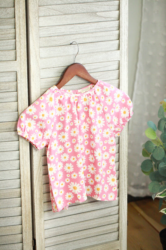 puff short sleeve daisy pink blouse for girls