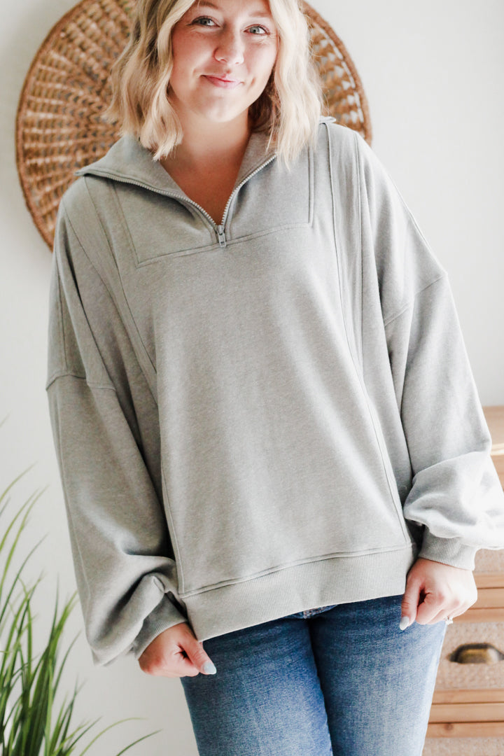 womens heather grey 1/4 zip sweatshirt oversized mono b